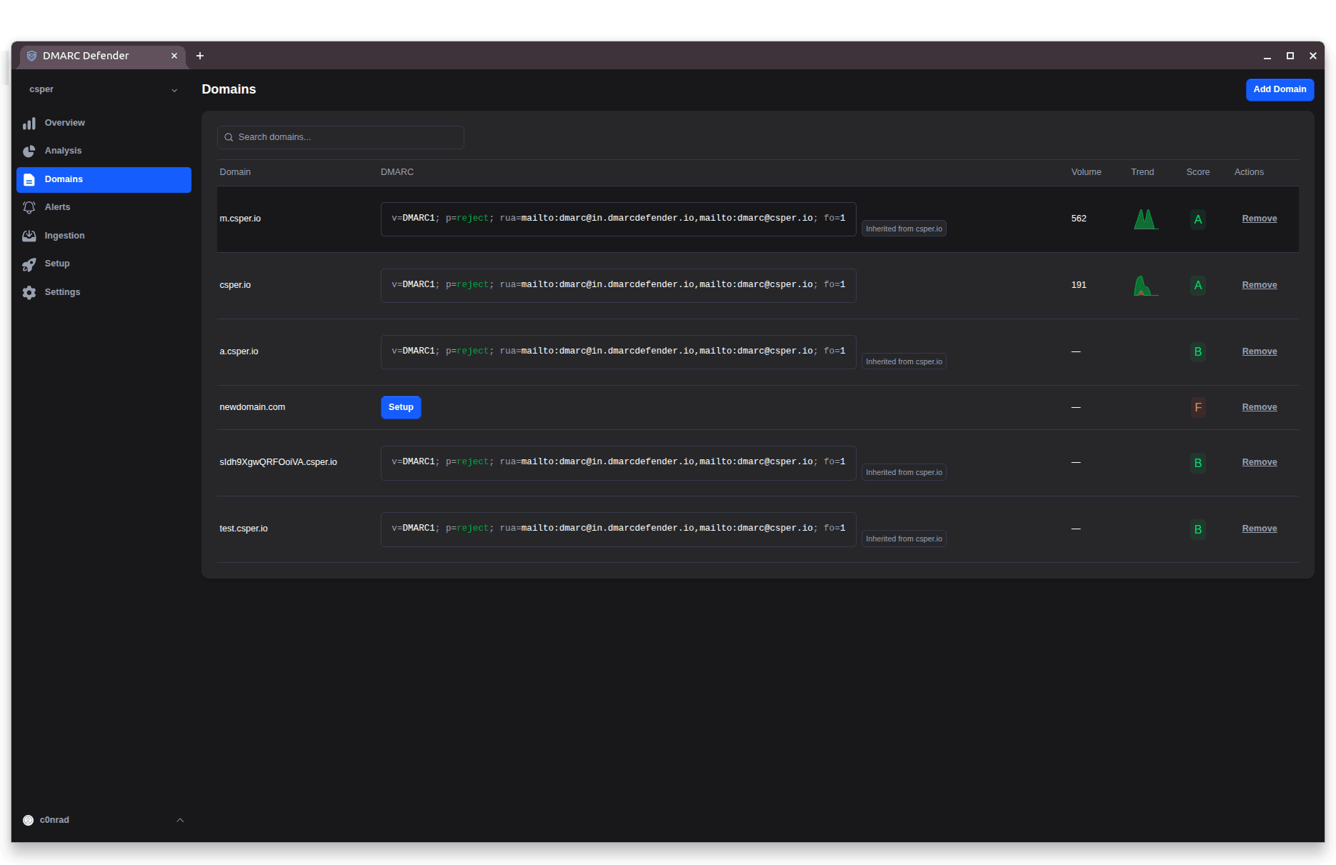 Domain management screenshot