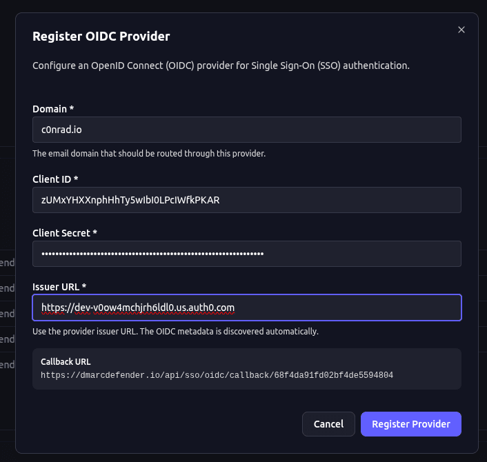 Auth0 OIDC settings in DMARC Defender