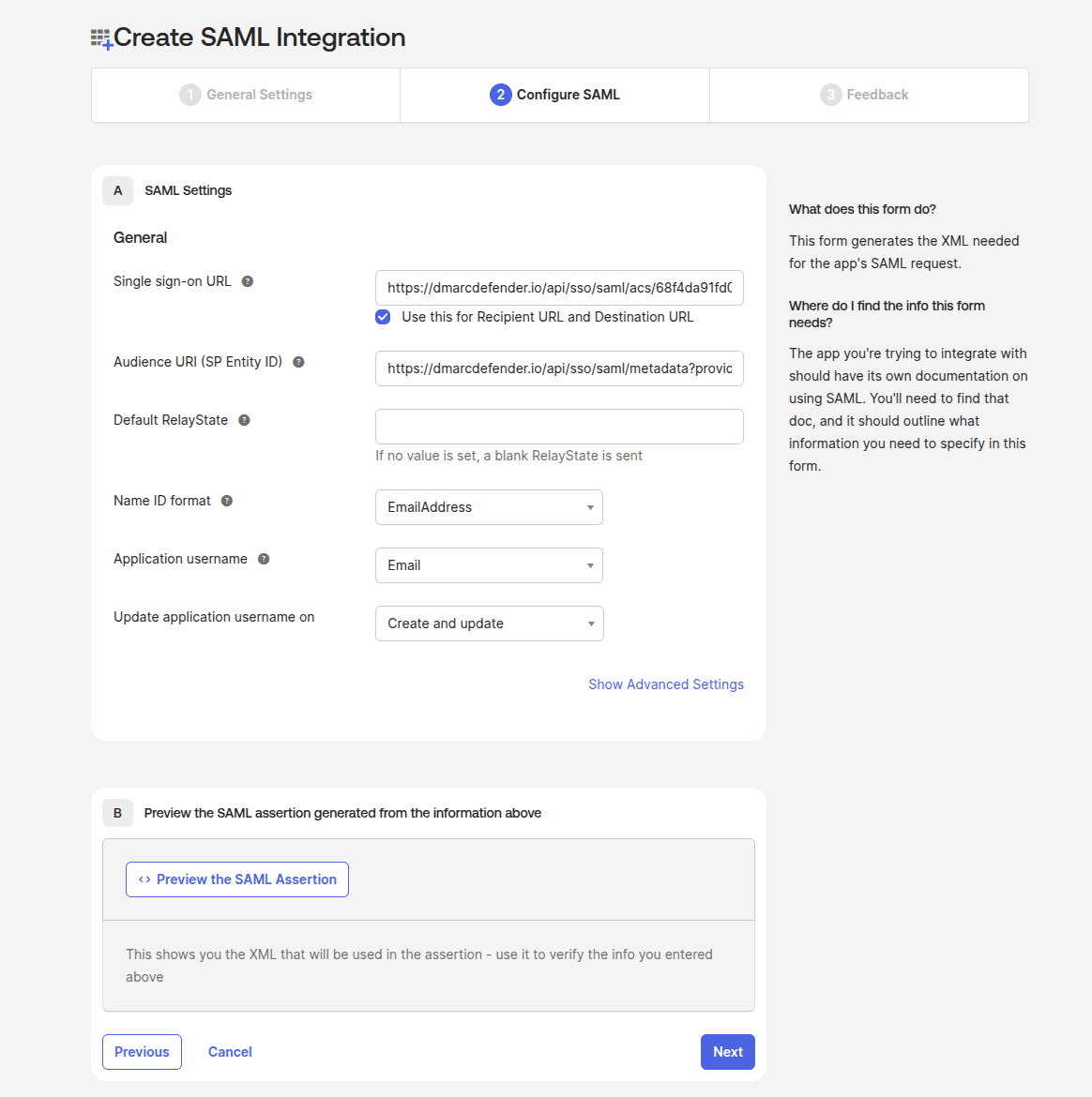 Configure Okta SAML settings