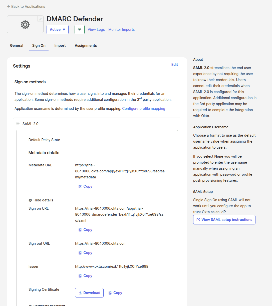 Okta sign-on details