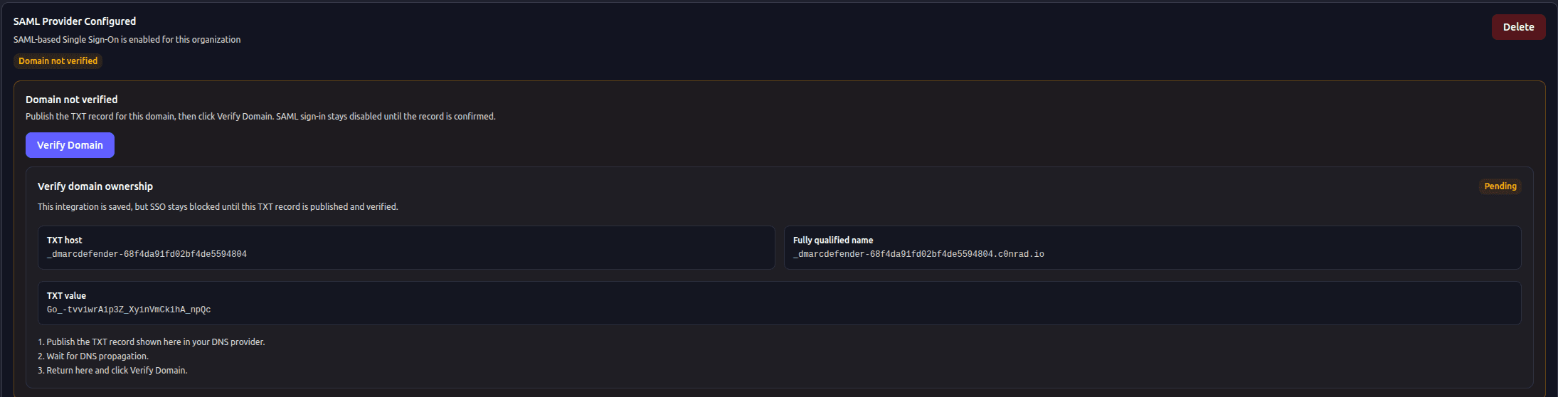 Validate domain in DMARC Defender SSO settings